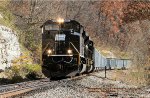 Norfolk Southern, Penn Central Heritage unit 1073 NS 1017, leads a northbound coal train N07 on the ex Monongahela Railway, at Clarksville, Pennsylvania. October 25, 2012. 